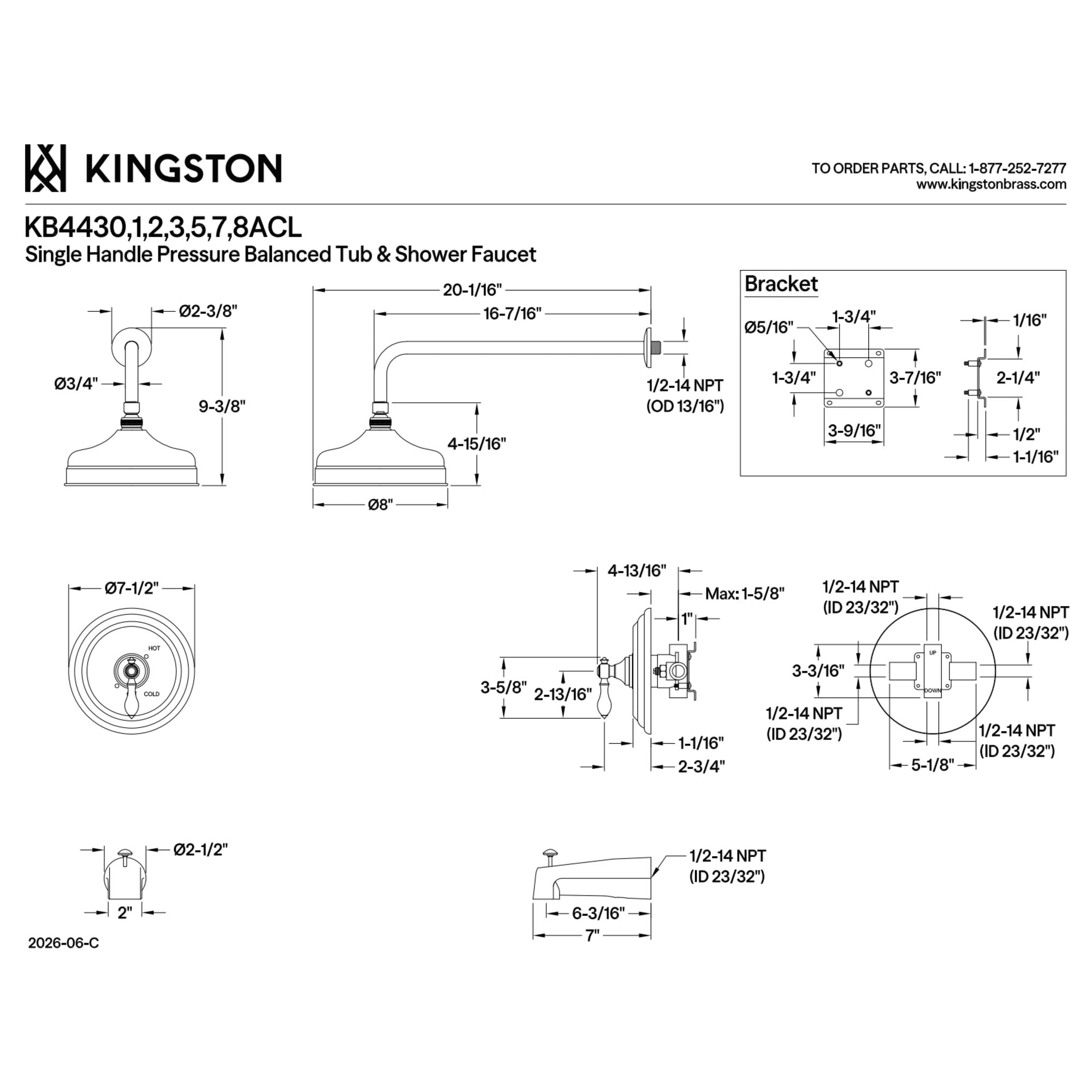 Kingston Brass KB4438ACL Restoration Single-Handle Pressure Balanced Tub and Shower Faucet in Brushed Nickel