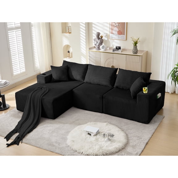 107" Modular L-Shaped Sectional Sofa, Corduroy Cloud Couch Compression Boneless Sofas w/ 5 Throw Pillows for Living Room , No Assembly Required(Left-Facing Chaise,Black)