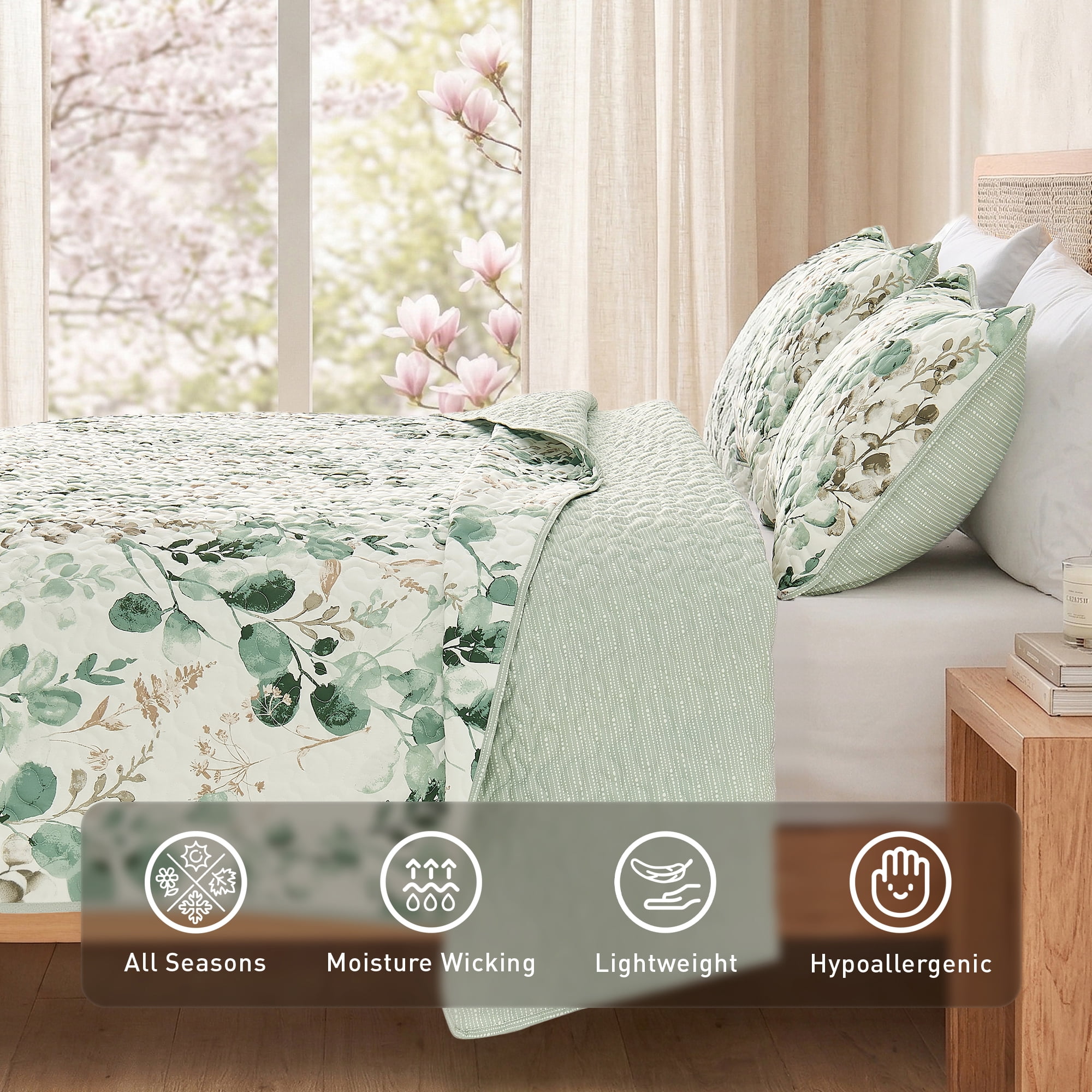 Regency Heights Full/Queen Botanical Quilt Set, 3-Piece Reversible Floral Summer Quilt Coverlet Bedding Set, Green Quilted Bedspread with Shams for All Season