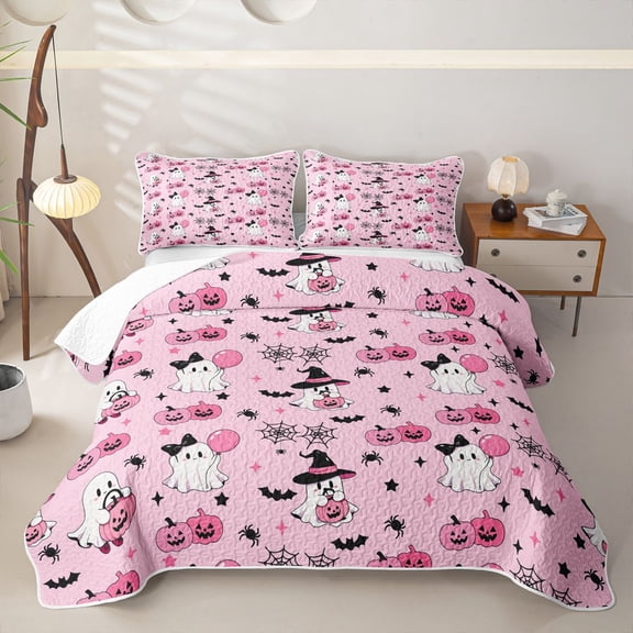 Manfei Gothic Halloween Twin Quilt Set,Girls Friendly Print Twin Coverlet Set,Pink,2 Pieces