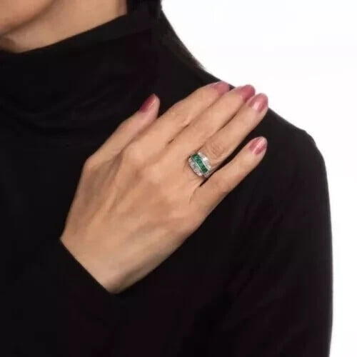 Dreamofdazzles Jewels 3.00 Ctw Princess Cut Emerald & White Diamond Wedding Anniversary Band Ring 14K White Gold Plated 925 Sterling Silver 925 Sterling Silver -5