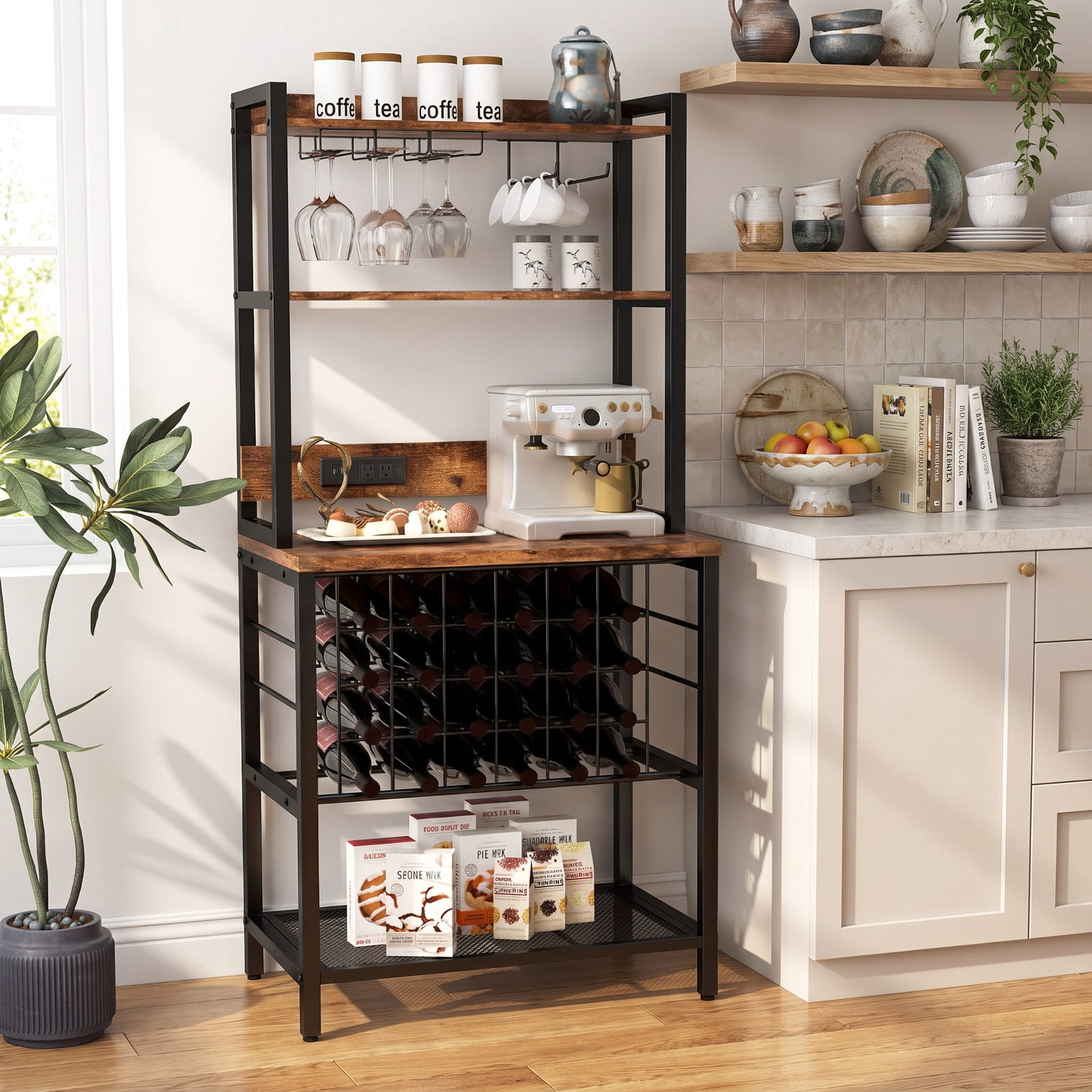 RUIE Wine Bar Cabinet with Power Outlets, Industrial Bar Cabinet with Wine Rack Glass Holders 4-Tier Storage for 24 Bottles, Kitchen Dining Room, Brown