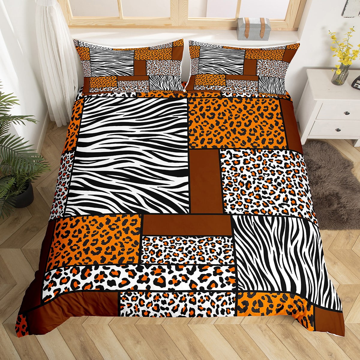 YST Animal Print Bed Set Black White Orange Duvet Cover, Wild Cheetah