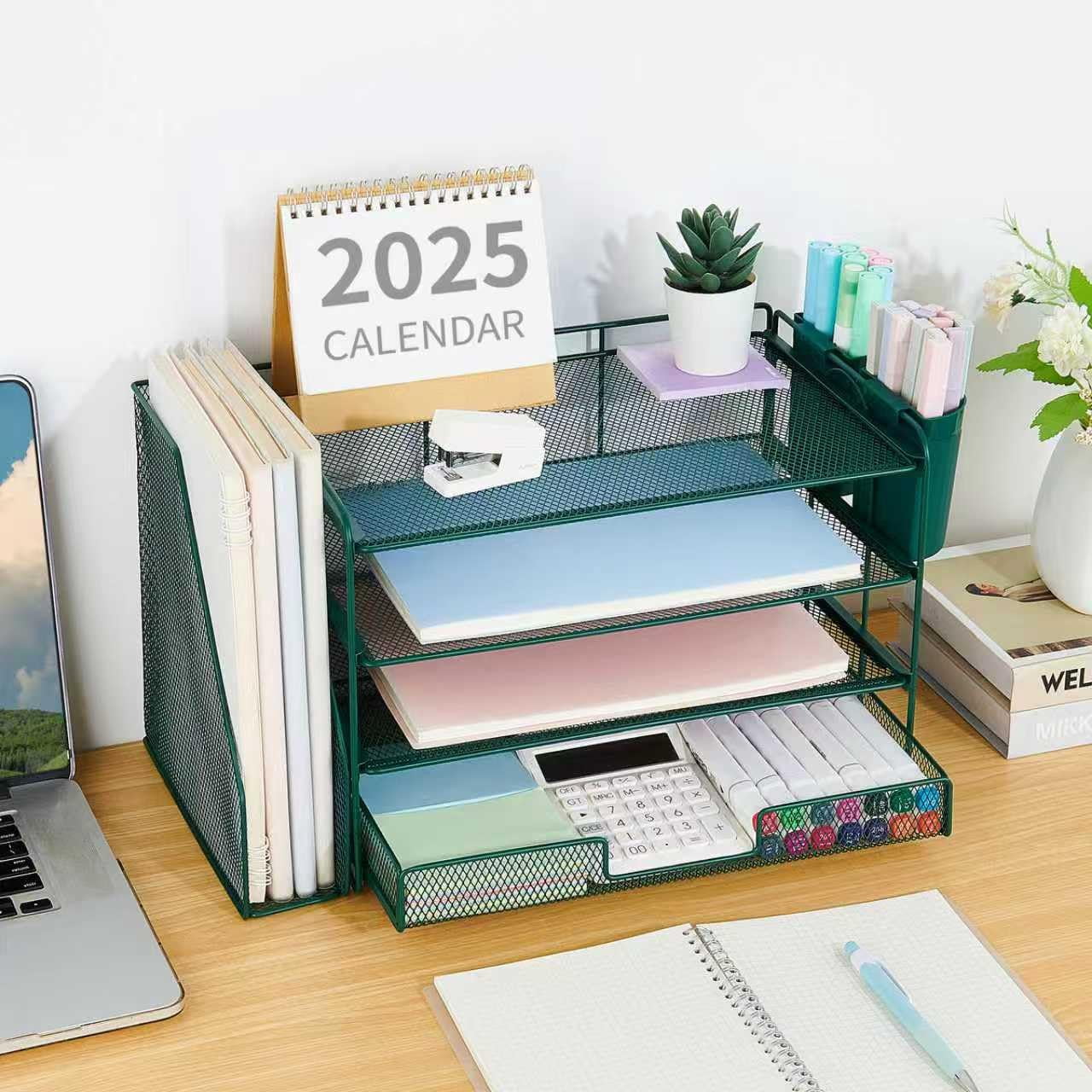 Desk Organizer  4-tier Desktop File With Drawer And 2 Pen Holders Office Accessories Sorters Workspace Organizers For Supplies(dark Green)