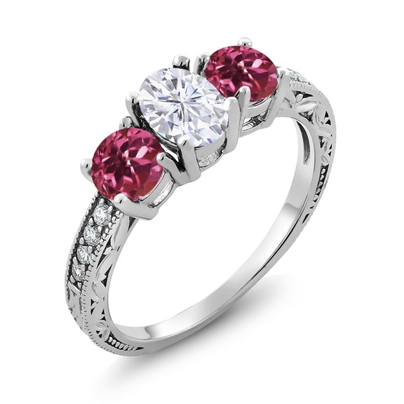 Gem Stone King 925 Sterling Silver Pink Tourmaline Ring Set with Moissanite (2.06 Cttw) (Size 7)
