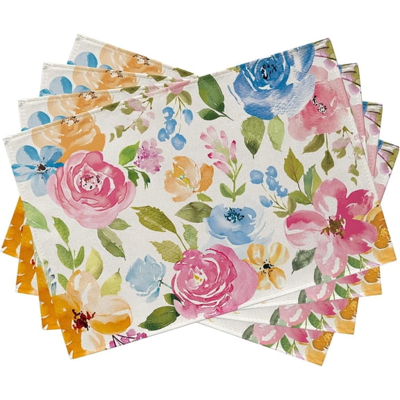 Spring Summer Floral Flower Placemats Set of 4, Watercolor Peony Leaves Dining Table Place Mats, Seasonal Kitchen Decor Home Decoration 12 x 18 Inch