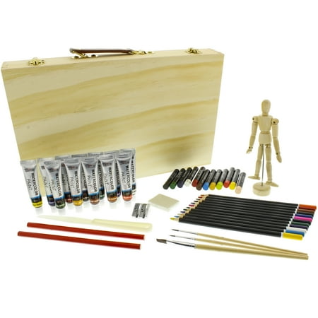 US Art Supply 46 Piece Watercolor Painting Set with Wooden Artist Storage Box