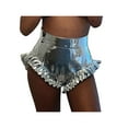 thumbnail image 2 of KOMOO Women Shiny Metallic Shorts Summer High Waist Solid Color Ruffle Trim Short Pants, 2 of 8