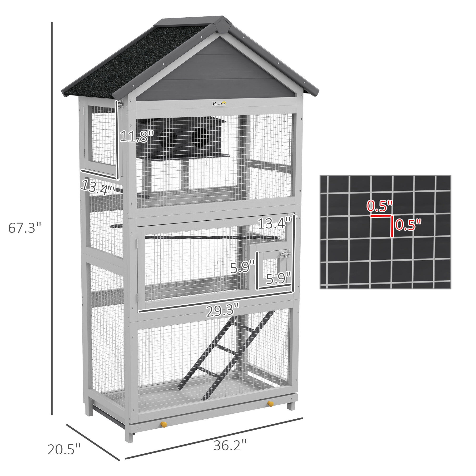 Dog Crate, PawHut Wooden Bird Aviary, 67" Outdoor Bird Cage with Slide-Out Tray, Three Doors, Birdhouse, Ladder, Perches for Finches, Parakeets, Gray, Gray Pet Playpen,Wood Chicken Coop