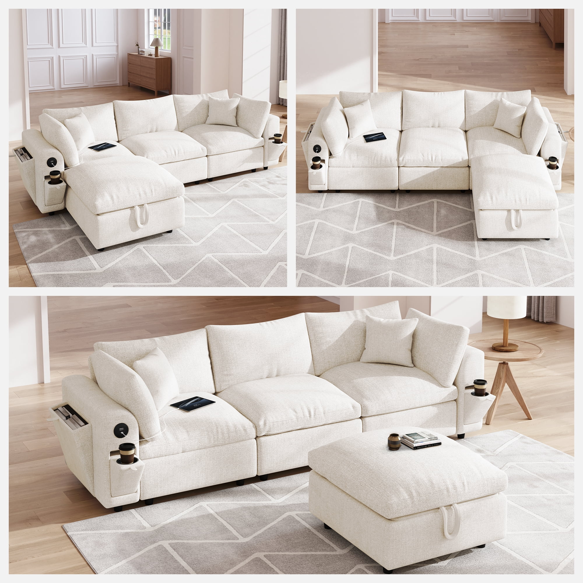 BINBANK Luxurious Cloud Modular Sectional Sofa, Modern Chenille Couch L-Shaped with Storage Ottoman, USB Type-C Ports & Cup Holders for Living Room