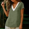 thumbnail image 3 of Cotton Linen Shirts for Women Summer Lace Trim V-Neck Tunic Tops Loose Fit Short Sleeve Tops Casual,Army Green,M, 3 of 8