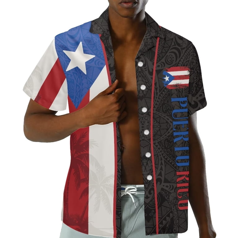 puerto rico dress shirts HUIACONG Puerto Rico Flag Print Hawaiian Shirt, Tribal Pattern Button Down  Size 4XL Tropical Shirt for Beach, Luau, Casual Summer Vacation Wear
