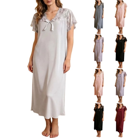 Akafmk Women's Lace Sleepwear Dress, Ribbed Knit Pajama V Neck Nightgown Casual Elegant Home Wear