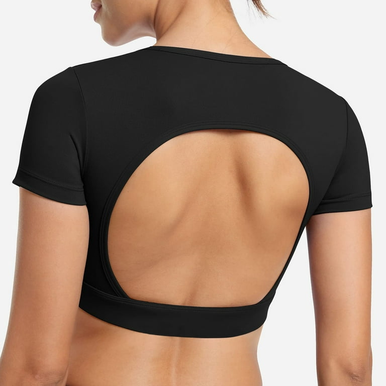 T Shirts for Women Womens Open Back Tee Tops With Removable Pads Workout  Backless T Shirt Bra Top