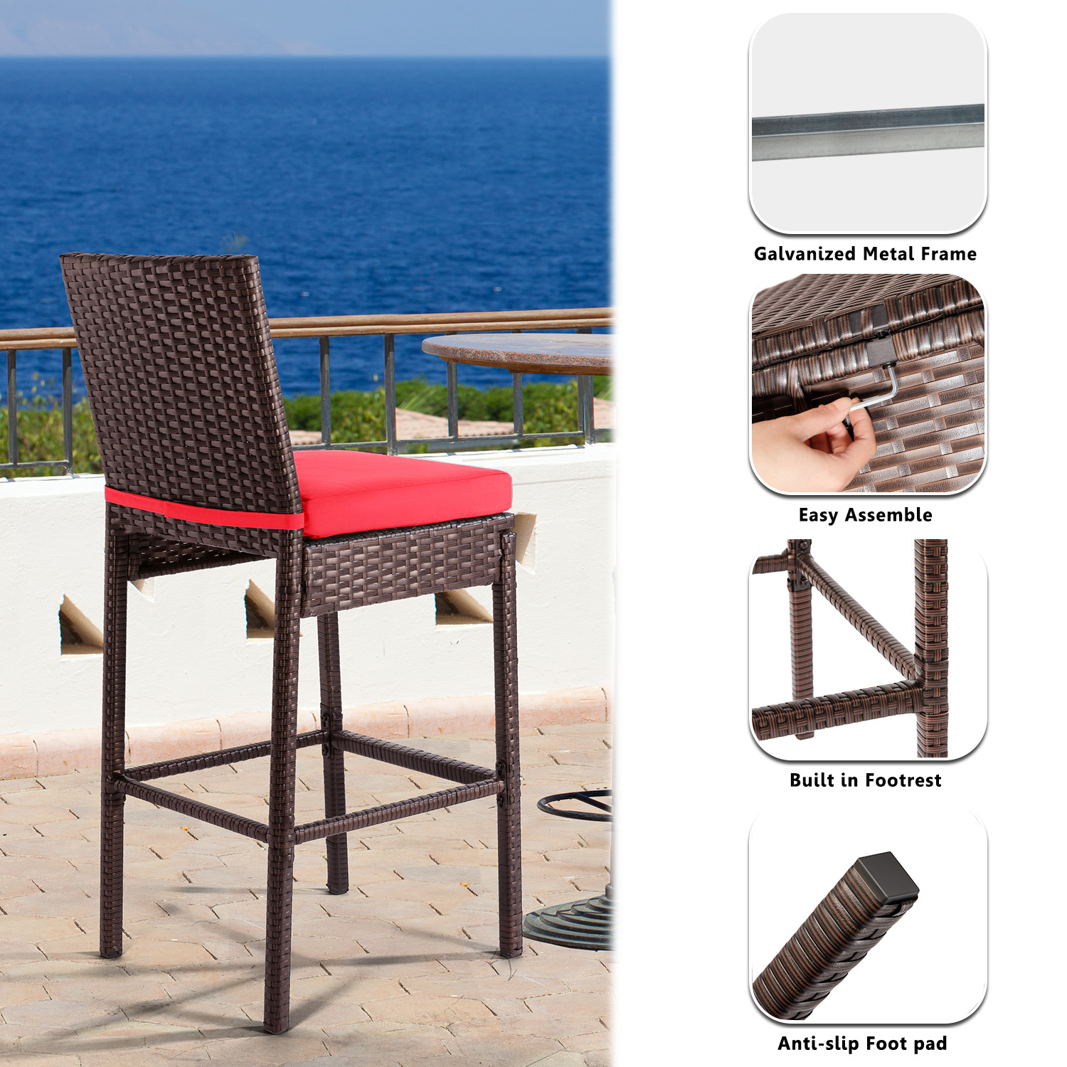 Patio Stools & Bar Chairs Outdoor Wicker Bar Stools Set of 2 Counter Height Bar Stools Patio Chairs Bar Height with Footrest Armless Cushion Red All Weather Rattan for Garden Pool Lawn Backyard - image 4 of 7