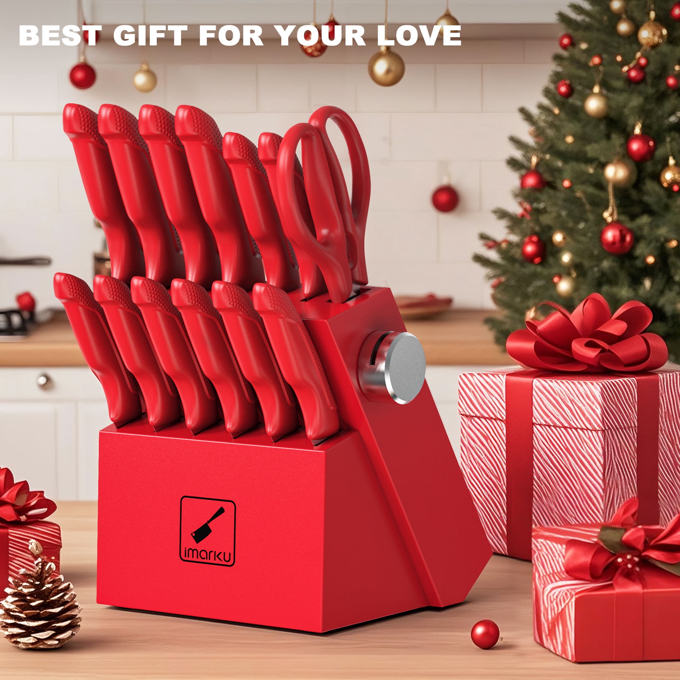 imarku 14-Piece Stainless Steel Kitchen Knife Block Set with Ergonomic Handles,Best Holiday Gifts,Red,Fathers Day Gifts