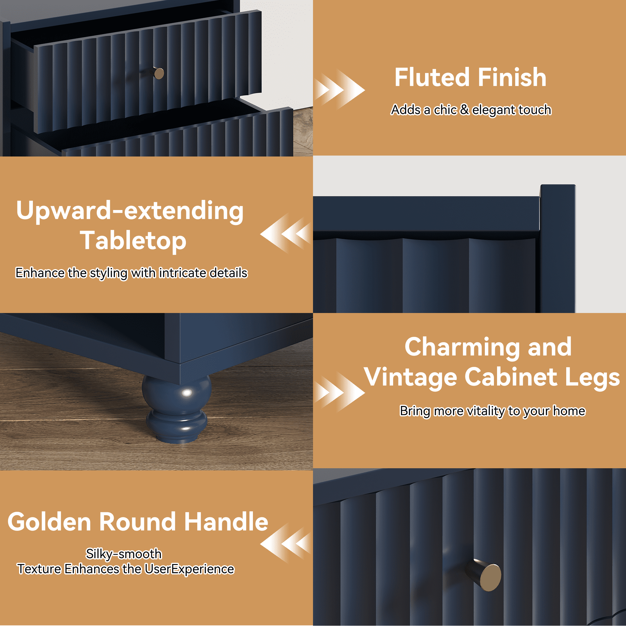 ZOSQUARE Modern Nightstand, Blue Fluted Bedside Table with 2 Drawers and Open Shelf, End Tables with Gold Knobs for Bedroom, Living Room