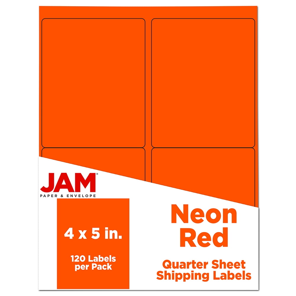 JAM Shipping Address Labels, Extra Large, 4 x 5, Neon Deep Red / Orange, 4 Labels per Page/120 Labels Total