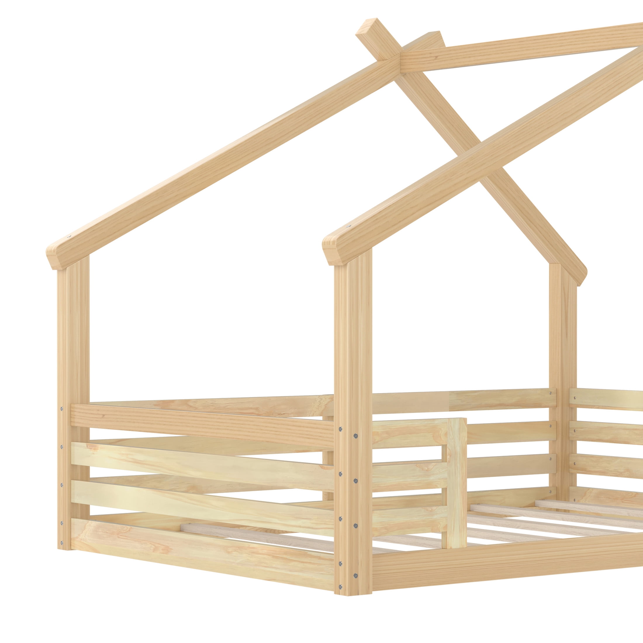 Noble House Full House Floor Bed with Small Shelf, Montessori Kids Bed Frame, Natural