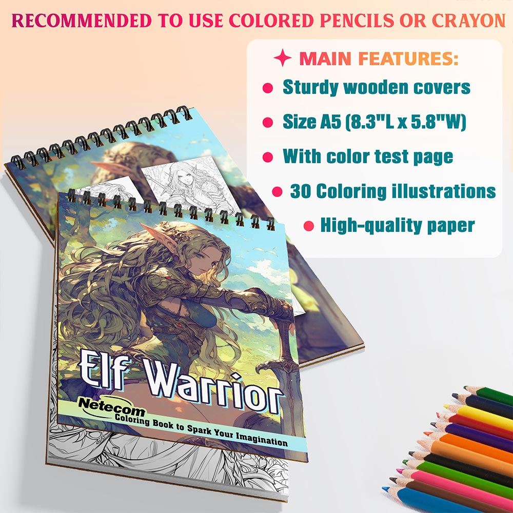 Netecom Elf Warrior Coloring Book for Adults, A5 Wooden Cover, 30 Epic Coloring Pages of Elven Warriors for Stress Relief and Relaxation, Spiral Bound Edition