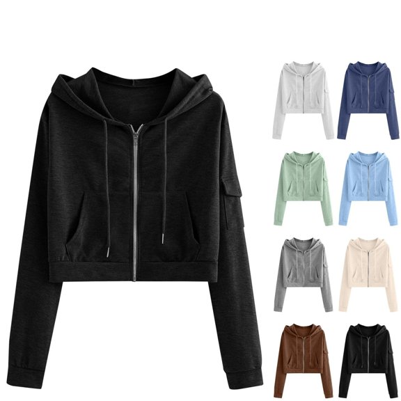 CAIXIA Women Cropped Cargo Pocket Full Zip Hoodie Long Sleeve Drawstring Zip Up Crop Hooded Jacket Casual Sweatshirts