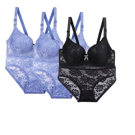 Audhol Bra and Panty Sets for Women High Support Bras for Women Adjustable Strap Full Coverage Up Bras Comfortable No Underwire Wireless Bras Lace Bra and Panty Set Blue 40