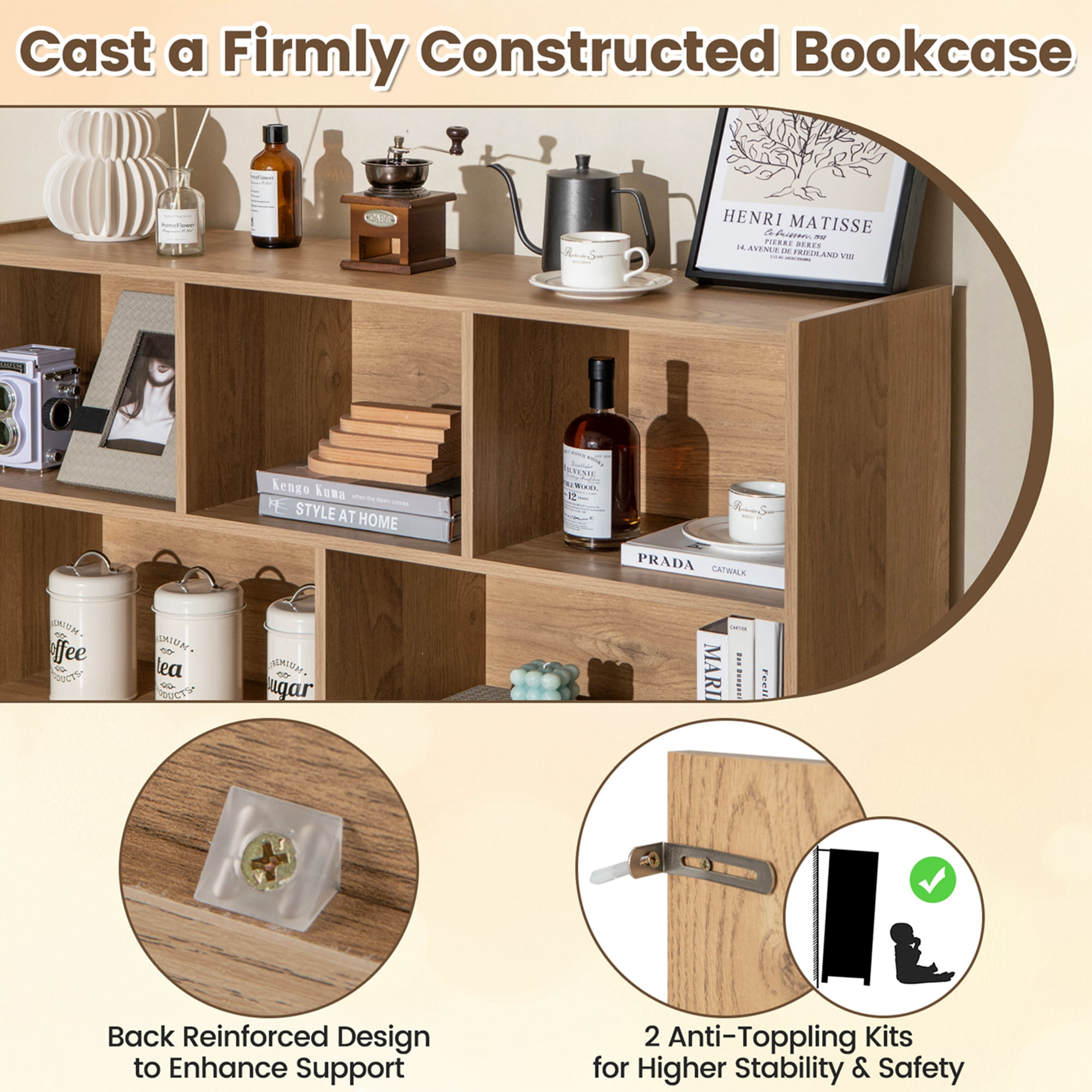 Costway 8 Cube 3-Tier Open Wooden Bookshelf Toy Storage Organizer with Anti-toppling Kits Natural