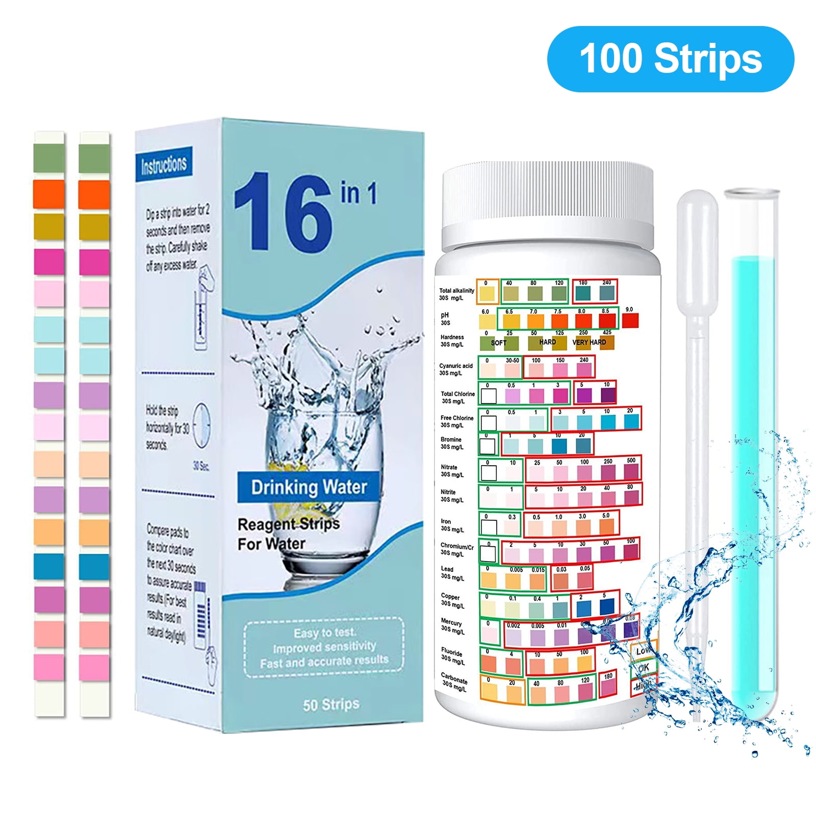 Tripumer 100 Strips Drinking Water Test Kit 16 in 1 Household Water