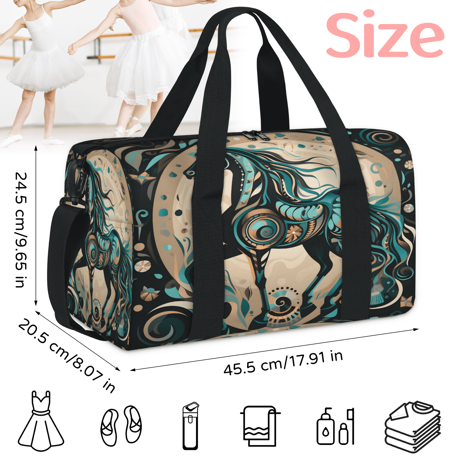 Herdesigns Ethnic Horse Gym Bag for Women, Duffle Bag for Travel Sport, Lightweight Waterproof Carry on Weekender Overnight Dance Yoga Workout Bags