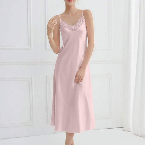 Pounoo Women's Satin Nightgowns Lace V Neck Gift Chemise Sleepwear Sleeveless Long Nightgowns Satin Silk Negligee