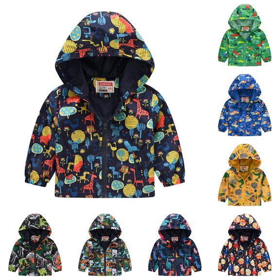 oqasdz Toddler Boys Hooded Zip Up Jacket Dinosaur Printing Cartoon Zipper Long Sleeve Windproof Outerwear Coat Casual Outdoor