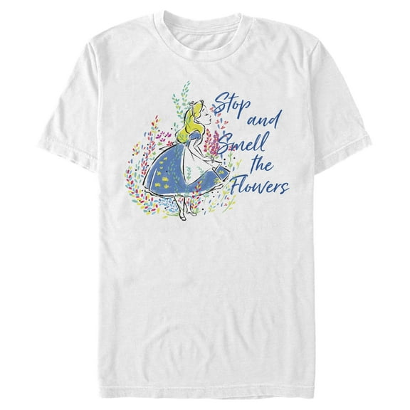 Men's Alice in Wonderland Stop and Smell the Flowers Graphic Tee White 2X Large
