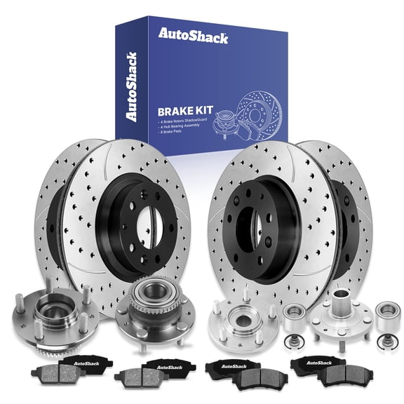 AutoShack Front Vented & Rear Solid Drilled & Slotted E-Coated Brake Rotors   Ceramic Pads   Hub Bearing Assembly 16-PC Brake Kit Replacement for 2006-2012 Ford Fusion 2006 Lincoln Zephyr ShadowGuard
