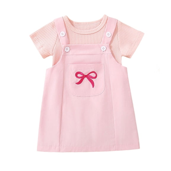 FINALGANG Toddler Girls Cute Bow Embroidered Overall Dress Set Adjustable Straps Dress With Pockets Matching Layer Short Sleeve Jumpsuit For Daily Wear Stylish Outfit