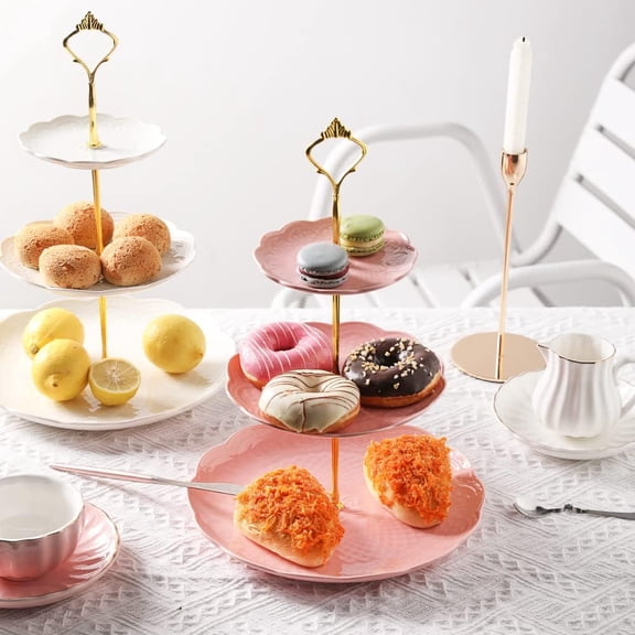 3 Tier Ceramic Cake Stand for Wedding Tea Party Dessert Cupcake Holder  Pink