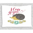 thumbnail image 1 of Hedgehog Tapestry, Ink Splatter Spotted I Love You Quote and Floral Wreath with Forget-Me-Not Flower, Wall Hanging for Bedroom Living Room Dorm Decor, 80W X 60L Inches, Multicolor, by Ambesonne, 1 of 2