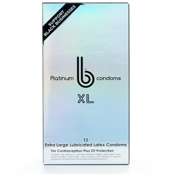 b condoms XL Platinum Thin Natural Latex Extra Large Condoms for Men, 12 Count - Extra Lubricated Condoms, Odorless, Vegan & pH Friendly