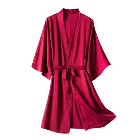 

DNDKILG Silky Bathrobe Plus Size Bride Party Bridesmaid Robe for Women Kimono Satin Robes Loungewear Long Sleeve Short Sleepwear Red M