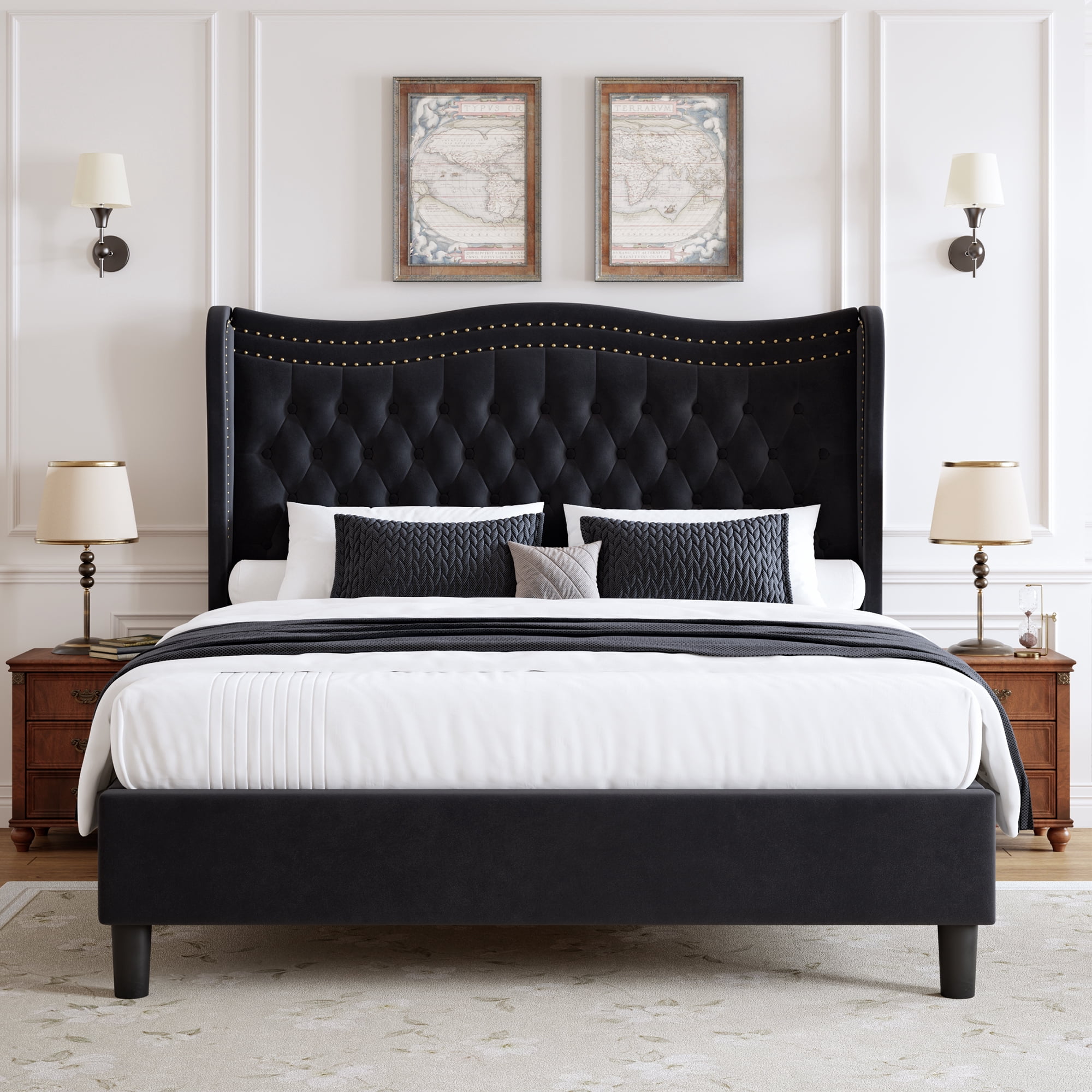 BSHTI Full Size Upholstered Bed Frame with Wingback Headboard – Velvet Diamond Tufting & Double Nail Trim, No Box Spring Needed, Black