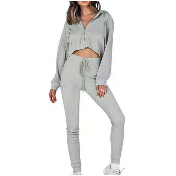 Usmixi Sweatsuits Set for Women Cropped Sweatshirt Coats Lounge Sets for Women Long Sleeve Hoodies Tops Drawstring Jogger Pants Tracksuits Sets Trendy Solid 2 Piece Outfits