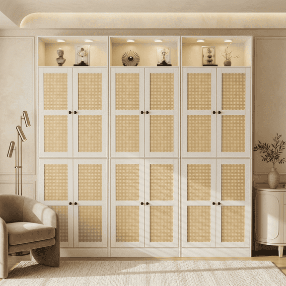 RichYa 3Pcs Kitchen Pantry Cabinet with LED Light Shelf,85.5"H Rattan Cabinet with Doors,Large Storage Cabinet for Dining Room,Living Room