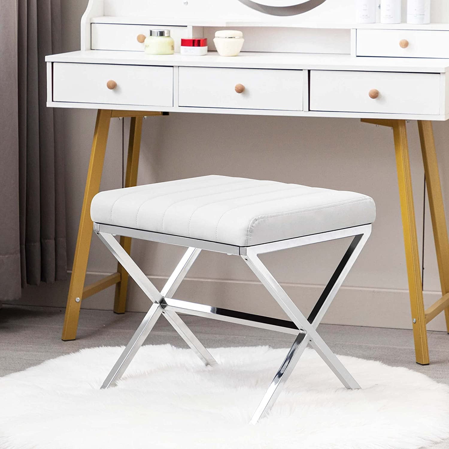 Duhome Vanity Stool Faux Leather Makeup Stool Vanity Bench with Metal Base Small Footstool Ottoman Footrest for Living Room, White