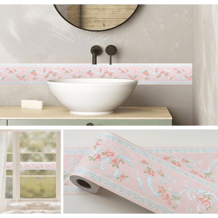 MOYISHI Pink Flower Pattern Wallpaper Border Trim 196"X4.1" Self Adhesive Wall Border Sticker Decor Bedroom Living Room Walls Peel and Stick Border Trim for Children's Room Walls Pink Wall Border