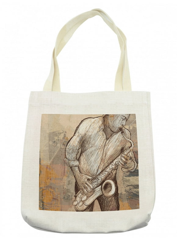 Music Tote Bag, Jazz Musician Playing the Saxophone Solo in the Street on Grunge Background Art Print, Cloth Linen Reusable Bag for Shopping Books Beach and More, 16.5" X 14", Cream, by Ambesonne