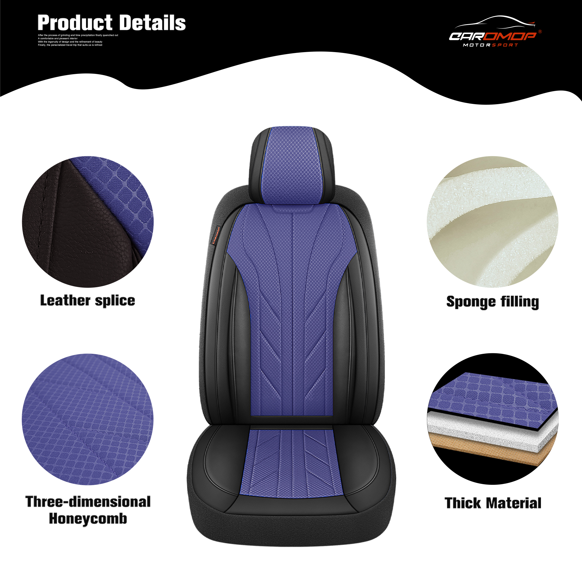 Caromop Blue, Luxury Faux Leather & Fabric, Breathable 3D Foam, Armrest Covers,Airbag compatible,Full Seat Covers