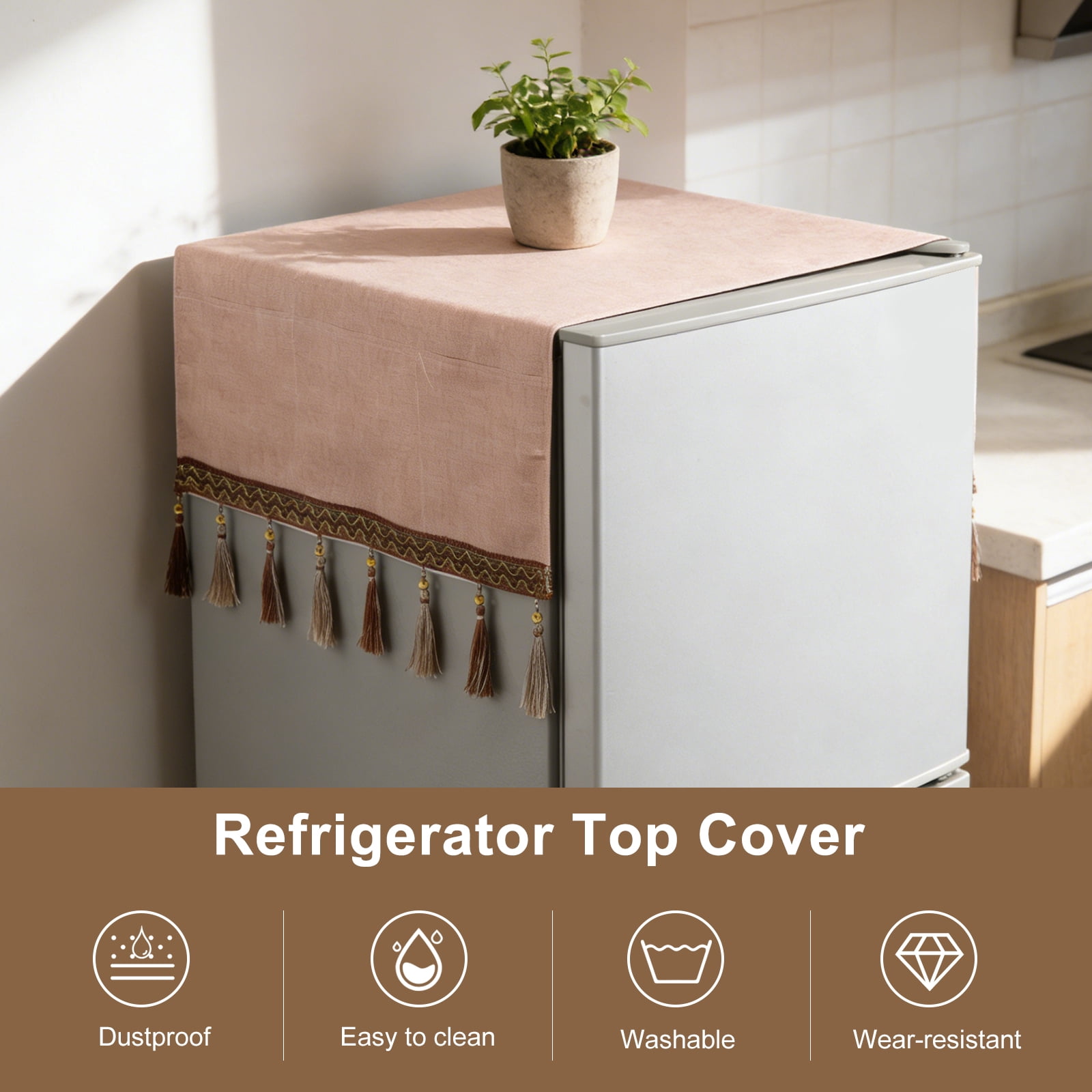Uxcell Fridge Dust Cover (51''x21'', Coffee) - Dustproof Refrigerator Top Covers Ruffle Edge Anti-Slip Washer Dryer Top Protector Mat with Storage Pocket for Freezer/Furniture/Home