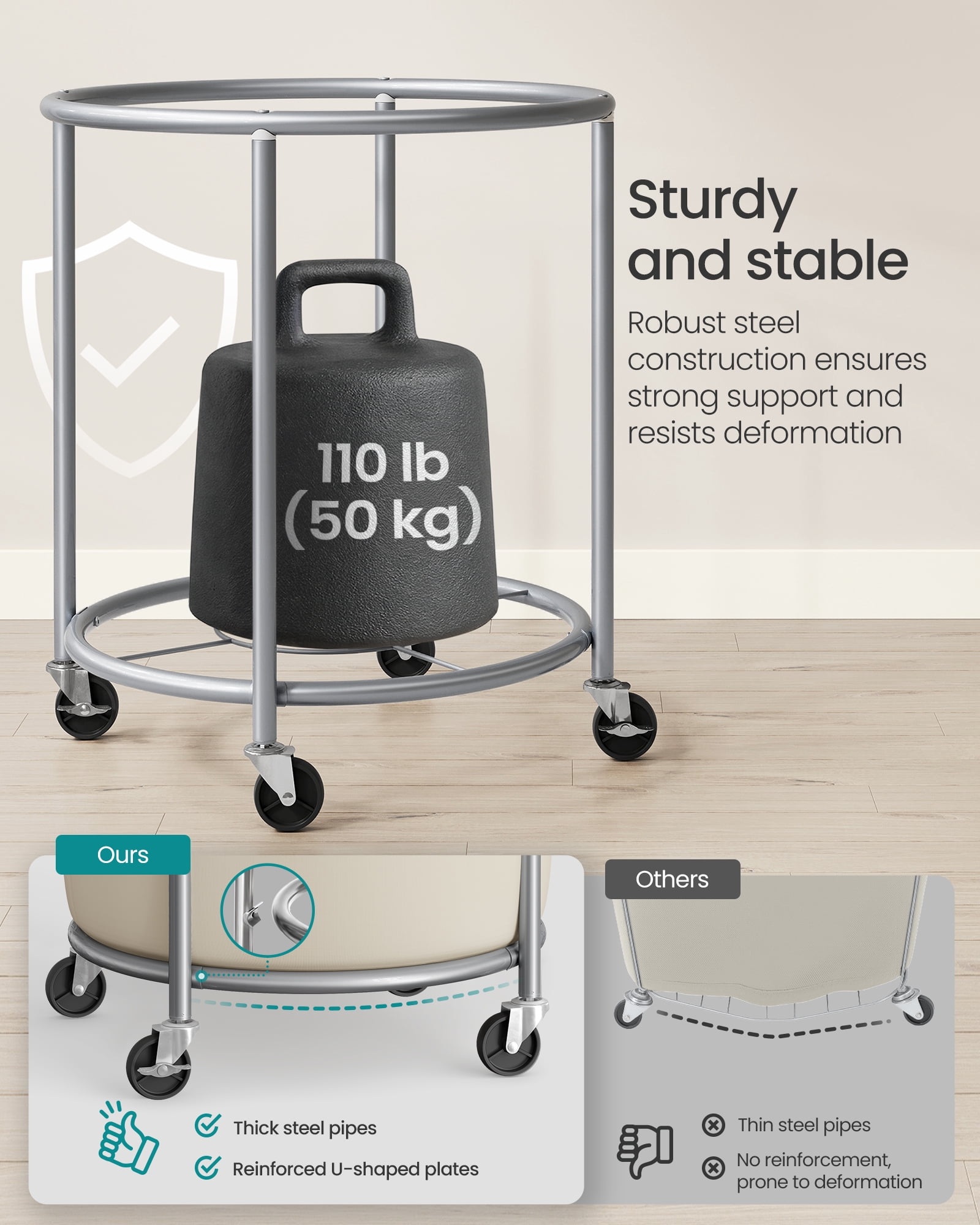 SONGMICS 50.2-Gallon (190 L) Laundry Basket with Wheels, Steel Frame and Removable Bag, 2 Locking Wheels, Dove Gray and Cream White