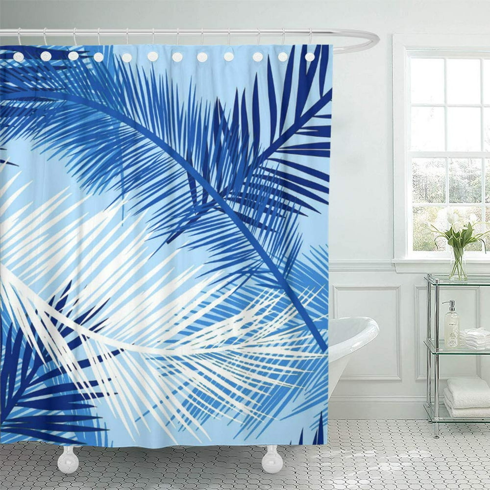 SUTTOM Tropical Palm Leaf Cobalt White and Sky Blue Shower Curtain