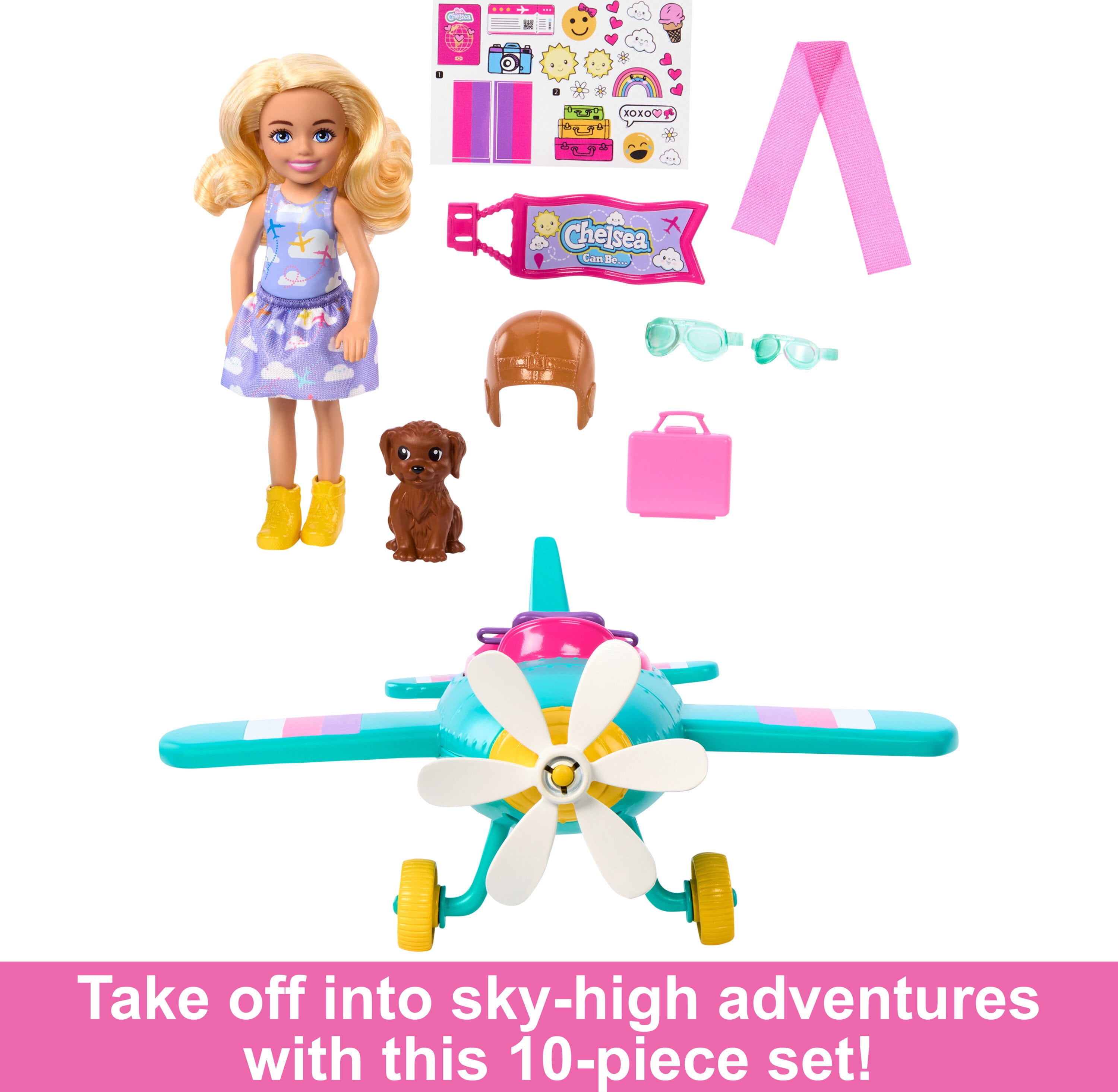 Barbie Chelsea Can Be. Plane Doll Playset 2 Seater Aircraft with Spinning Propellor 7 Accessories