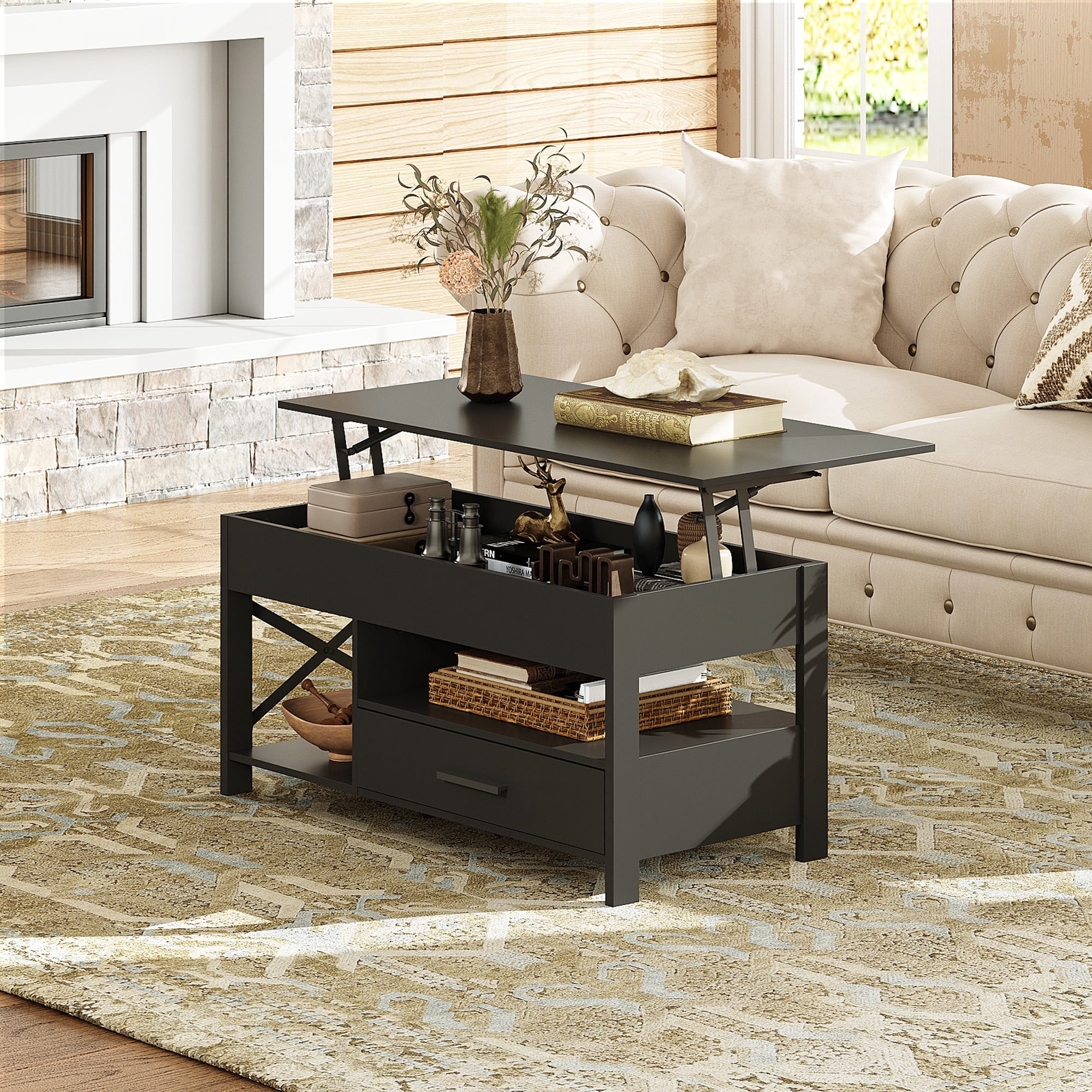 GALAXHERO Coffee Table, 39" Lift Top Coffee Table with Hidden Compartment, Storage Drawers and Storage Shelf for Living Room, Reception Room, Black